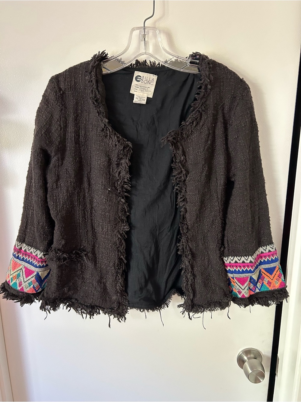 Billabong Black Textured Jacket with Colorful Embroidered Cuffs- size M: cotton
